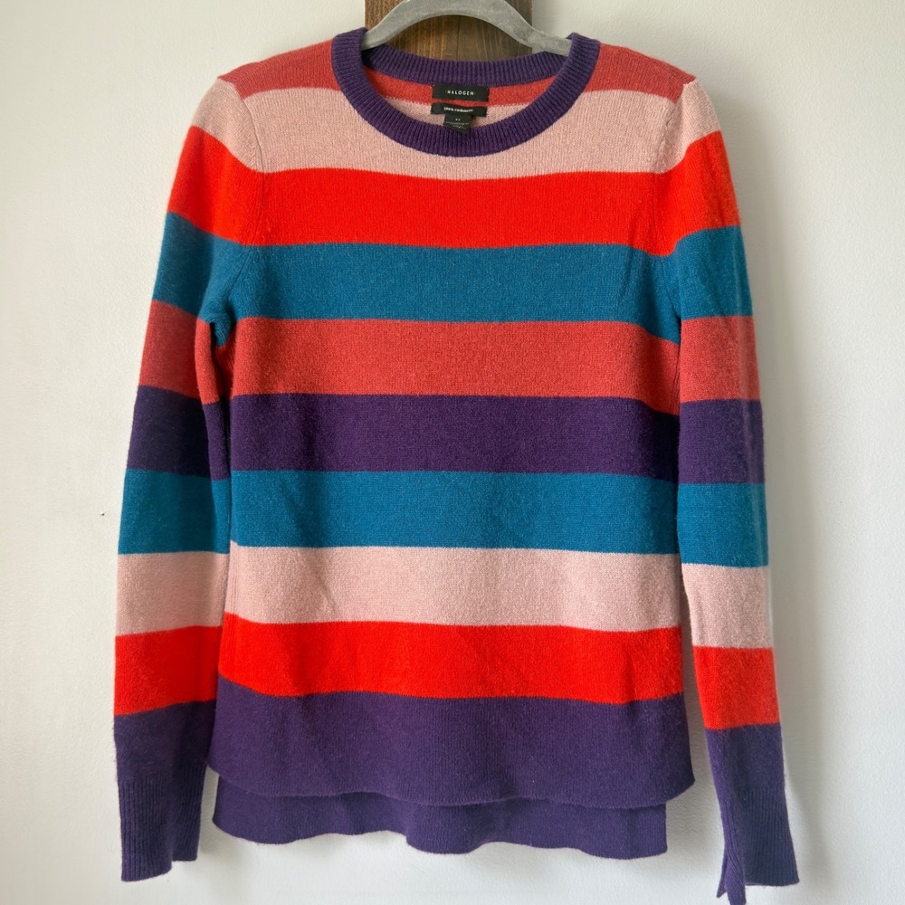 Halogen 100% Cashmere Rainbow Stripe Crewneck Sweater XS Colorful Long Sleeve
